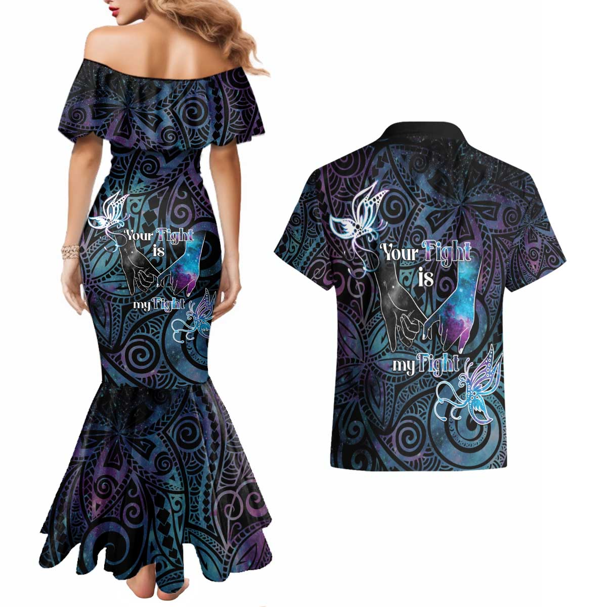 Suicide Awareness Couples Matching Mermaid Dress and Hawaiian Shirt You Are Not Alone - Polynesian Pride