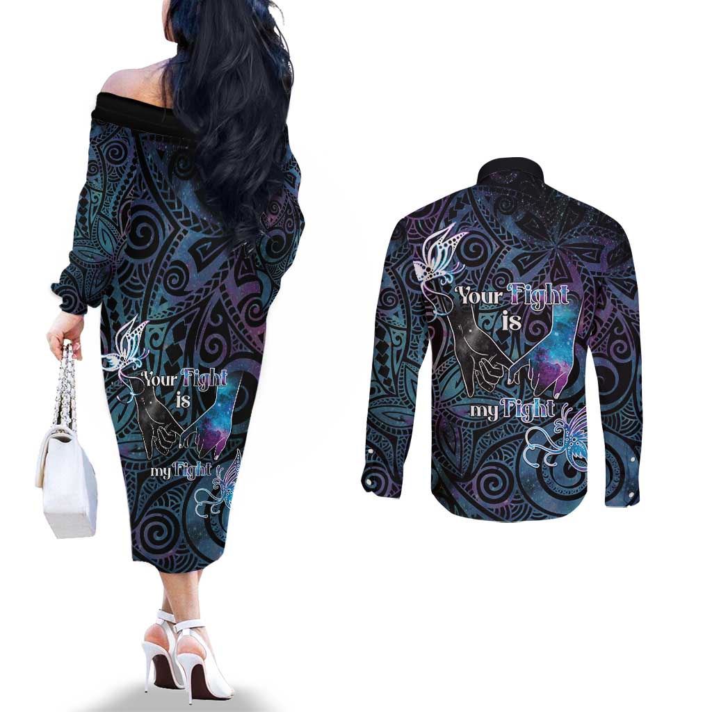 Suicide Awareness Couples Matching Off The Shoulder Long Sleeve Dress and Long Sleeve Button Shirt You Are Not Alone - Polynesian Pride
