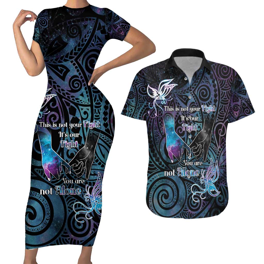 Suicide Awareness Couples Matching Short Sleeve Bodycon Dress and Hawaiian Shirt You Are Not Alone LT05 Black - Polynesian Pride