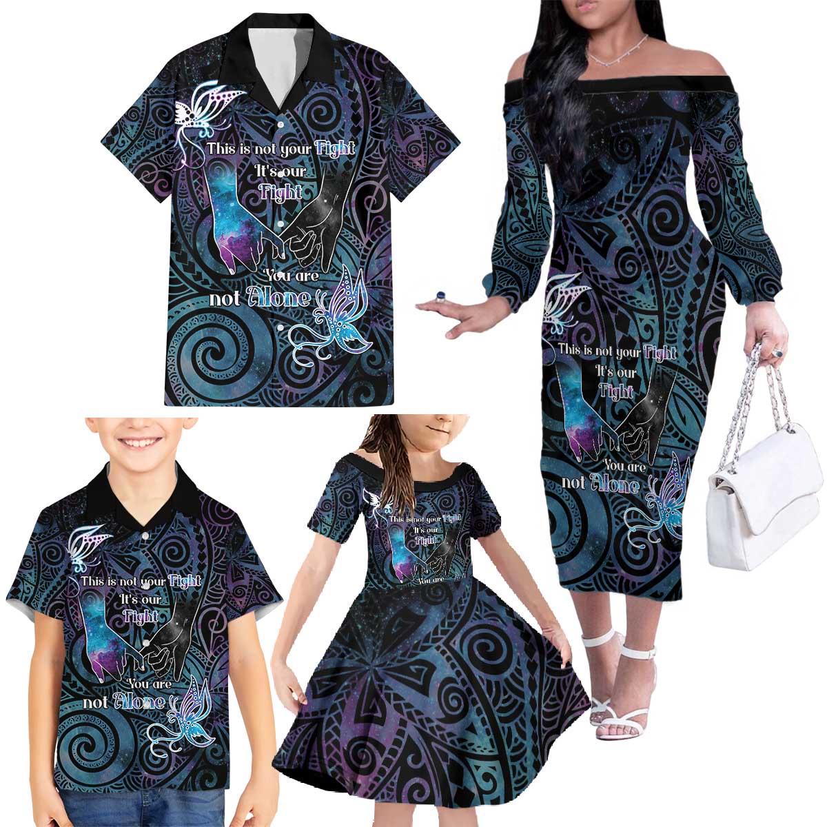 Suicide Awareness Family Matching Off The Shoulder Long Sleeve Dress and Hawaiian Shirt You Are Not Alone LT05 - Polynesian Pride