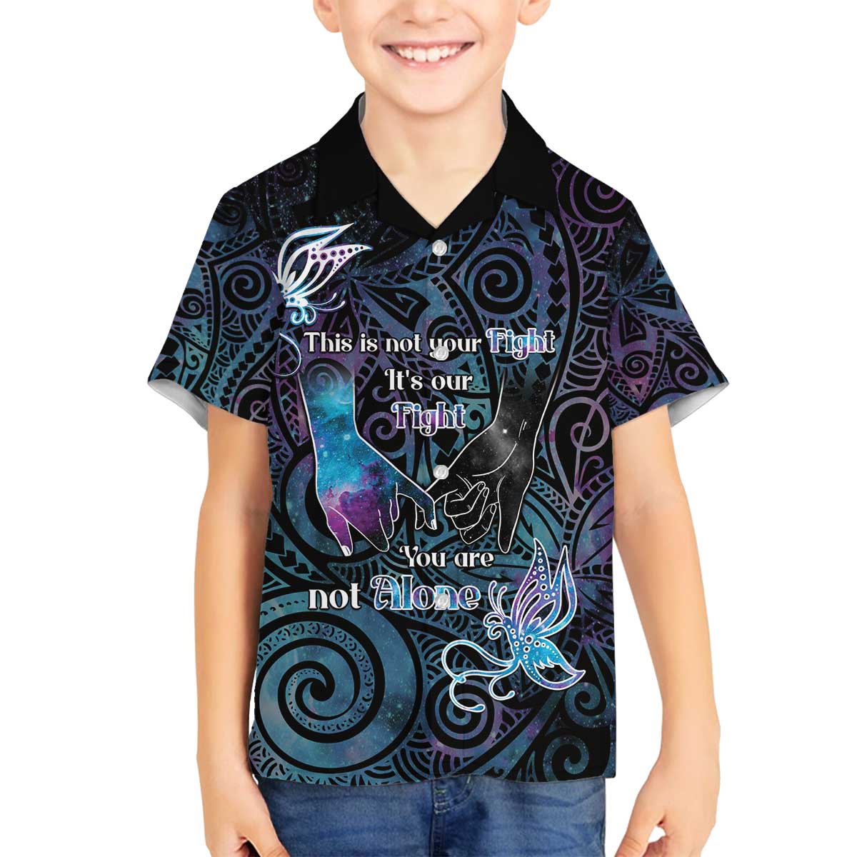 Suicide Awareness Family Matching Off The Shoulder Long Sleeve Dress and Hawaiian Shirt You Are Not Alone LT05 Son's Shirt Black - Polynesian Pride