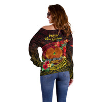 Papua New Guinea Off Shoulder Sweater Coat Of Arms Tropical Flowers Polynesian Pattern LT05 - Polynesian Pride