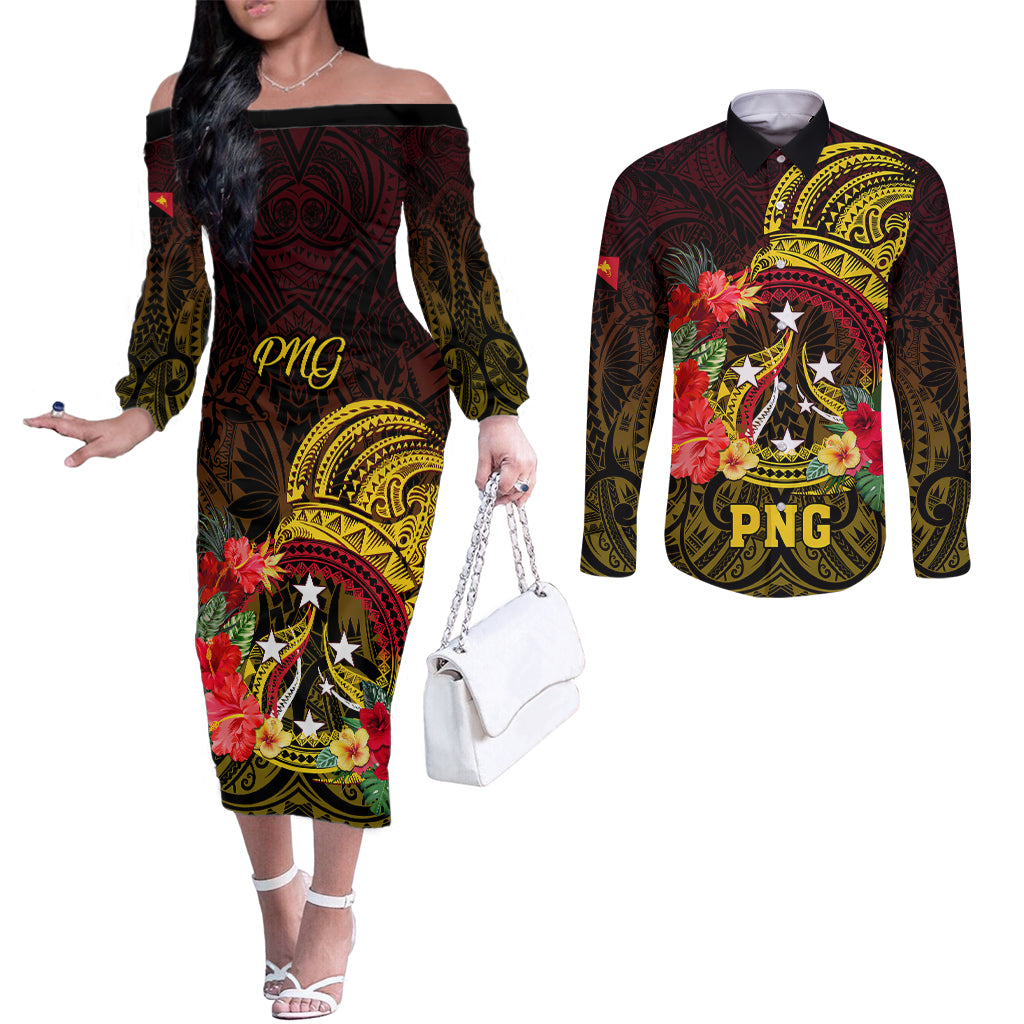 Personalized Papua New Guinea Couples Matching Off The Shoulder Long Sleeve Dress and Long Sleeve Button Shirts Coat Of Arms Tropical Flowers Polynesian Pattern LT05 Yellow - Polynesian Pride