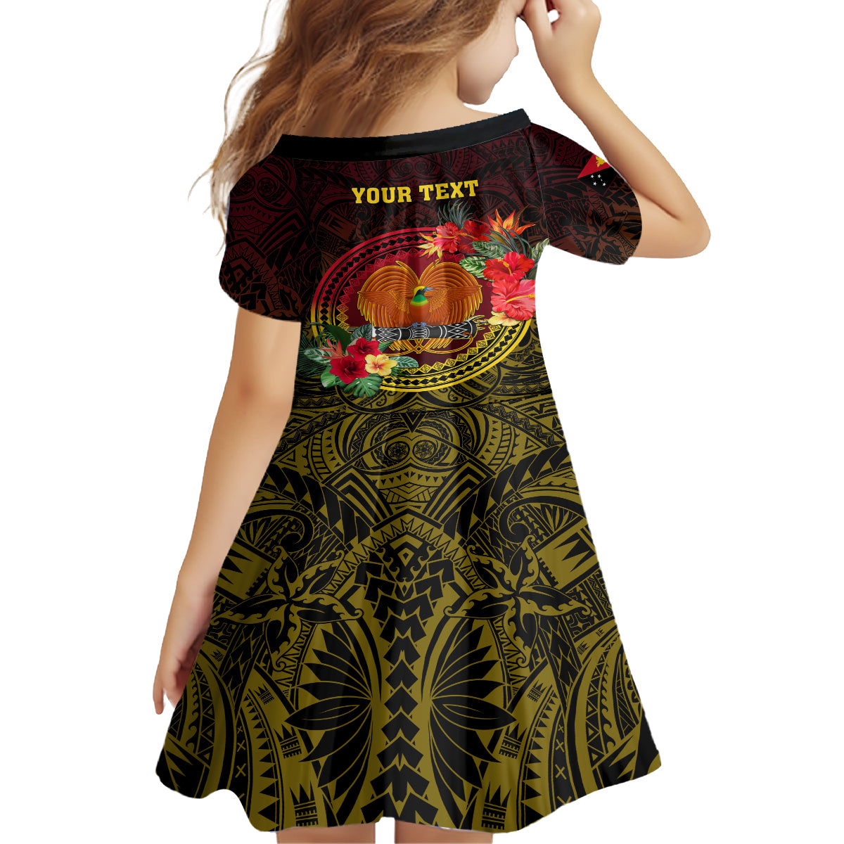 Personalized Papua New Guinea Kid Short Sleeve Dress Coat Of Arms Tropical Flowers Polynesian Pattern LT05 - Polynesian Pride
