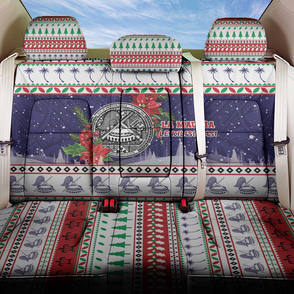 American Samoa Christmas Back Car Seat Cover Poinsettia La Maunia Le Kilisimasi LT05 One Size White - Polynesian Pride