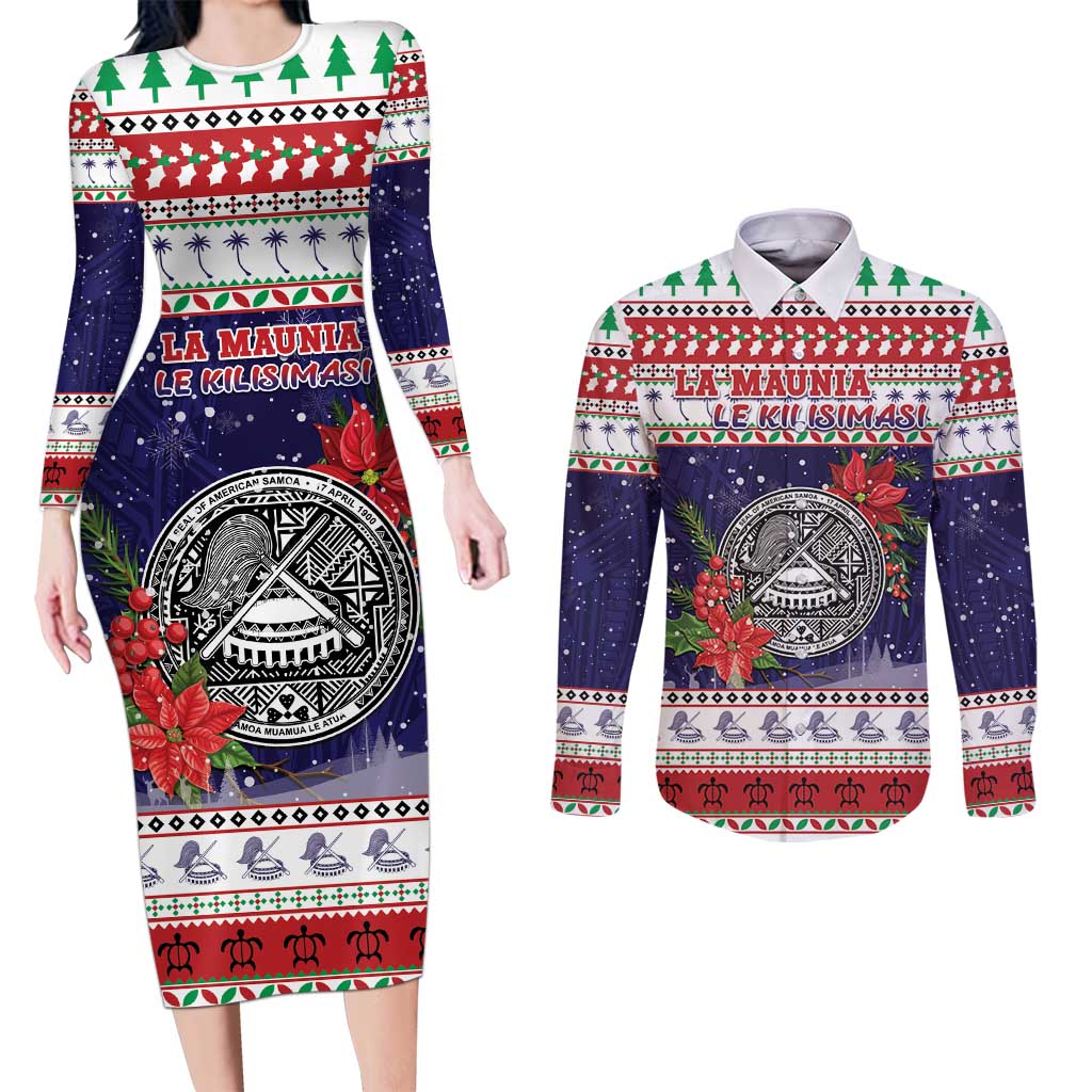 American Samoa Christmas Couples Matching Long Sleeve Bodycon Dress and Long Sleeve Button Shirt Poinsettia La Maunia Le Kilisimasi LT05 White - Polynesian Pride