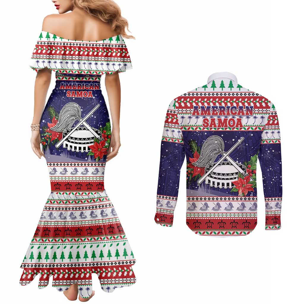 American Samoa Christmas Couples Matching Mermaid Dress and Long Sleeve Button Shirt Poinsettia La Maunia Le Kilisimasi LT05 - Polynesian Pride