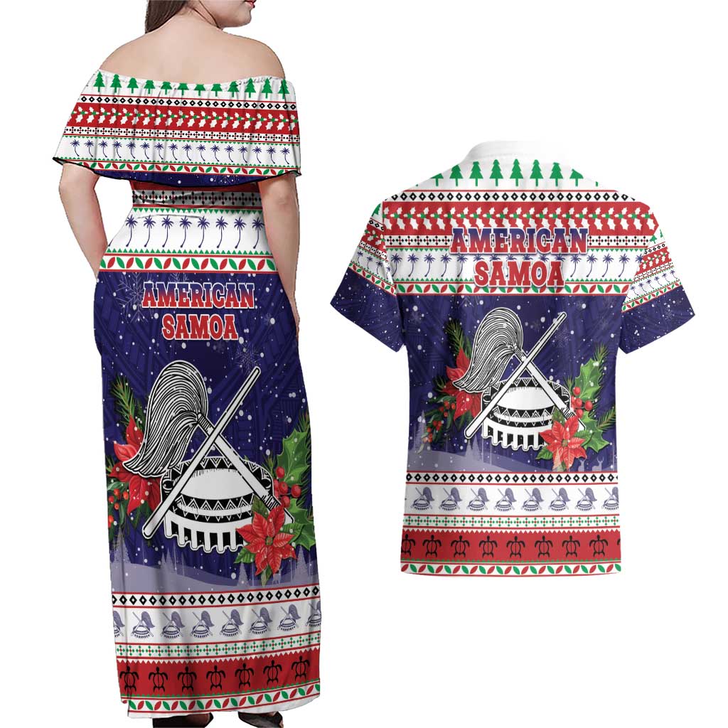 American Samoa Christmas Couples Matching Off Shoulder Maxi Dress and Hawaiian Shirt Poinsettia La Maunia Le Kilisimasi LT05 - Polynesian Pride