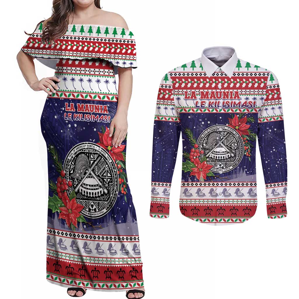American Samoa Christmas Couples Matching Off Shoulder Maxi Dress and Long Sleeve Button Shirt Poinsettia La Maunia Le Kilisimasi LT05 White - Polynesian Pride