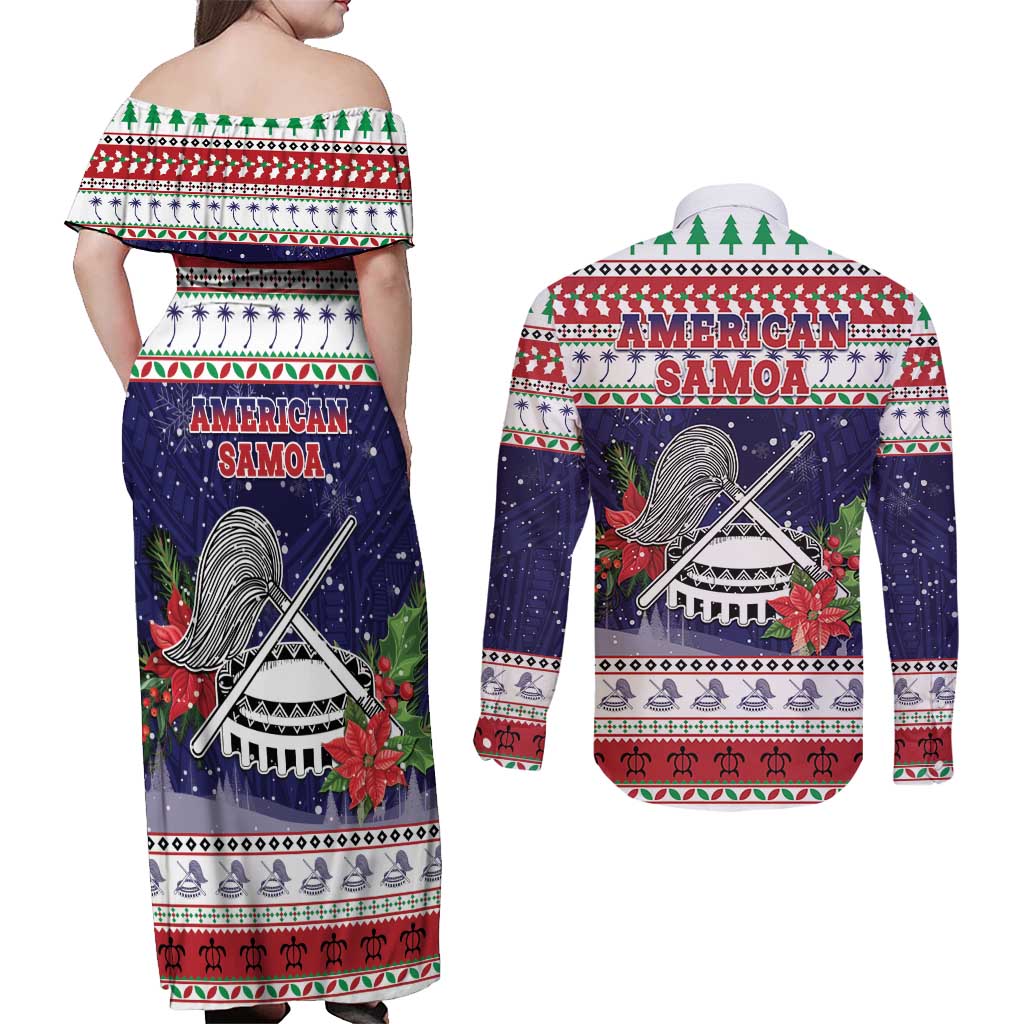 American Samoa Christmas Couples Matching Off Shoulder Maxi Dress and Long Sleeve Button Shirt Poinsettia La Maunia Le Kilisimasi LT05 - Polynesian Pride
