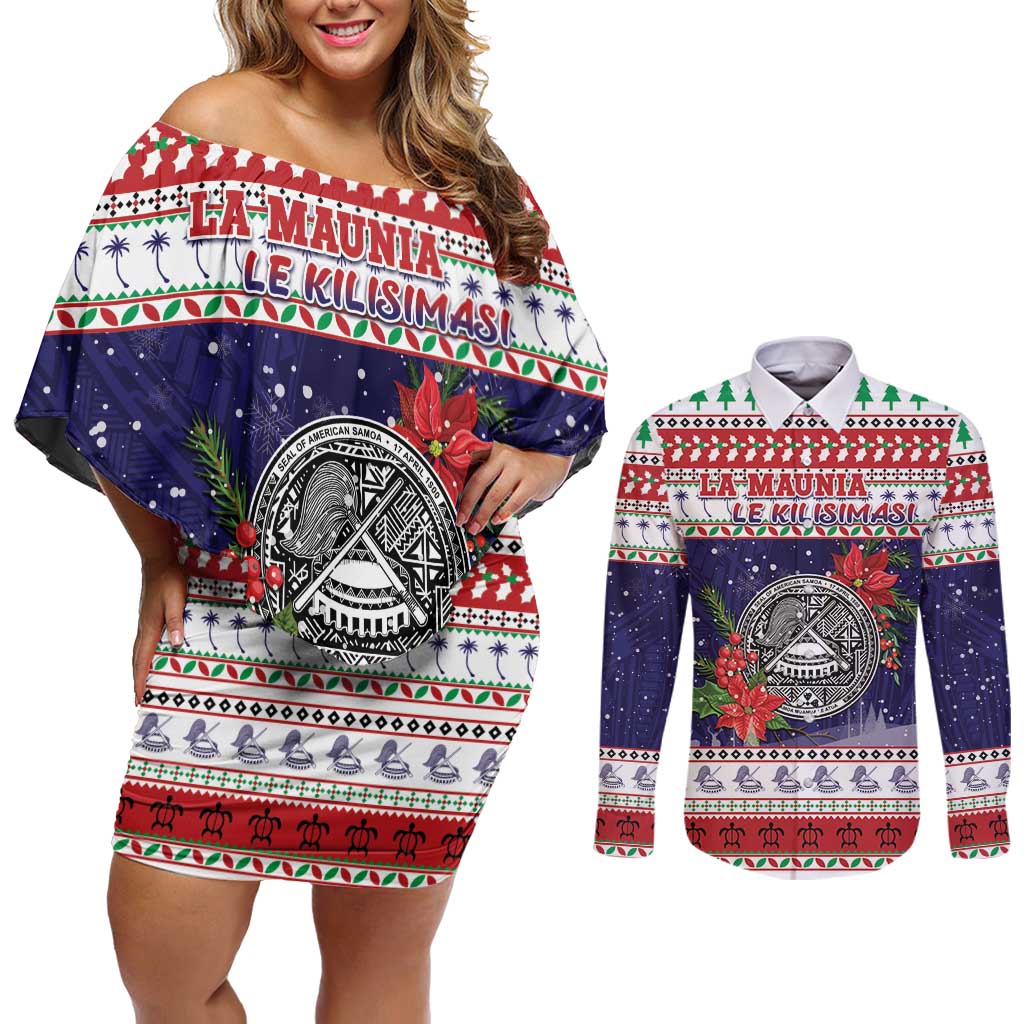 American Samoa Christmas Couples Matching Off Shoulder Short Dress and Long Sleeve Button Shirt Poinsettia La Maunia Le Kilisimasi LT05 White - Polynesian Pride
