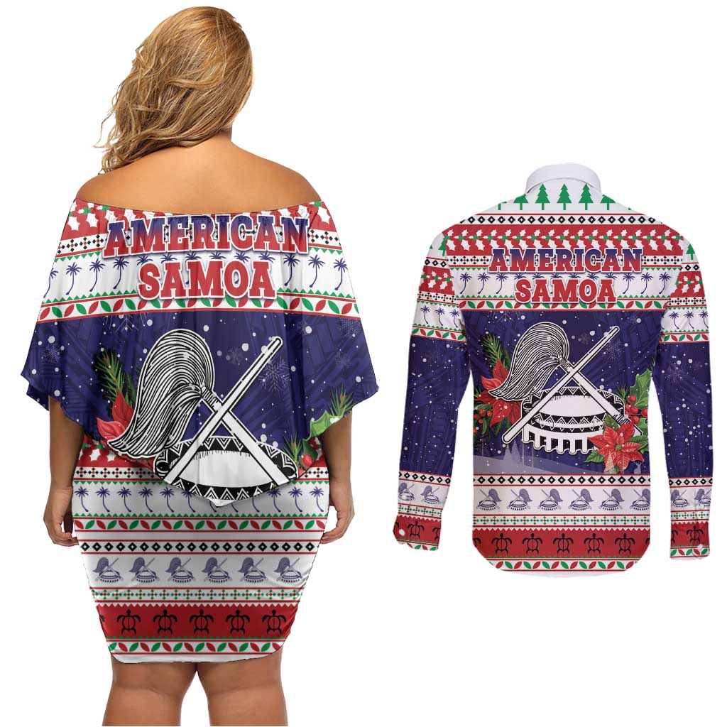 American Samoa Christmas Couples Matching Off Shoulder Short Dress and Long Sleeve Button Shirt Poinsettia La Maunia Le Kilisimasi LT05 - Polynesian Pride