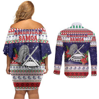 American Samoa Christmas Couples Matching Off Shoulder Short Dress and Long Sleeve Button Shirt Poinsettia La Maunia Le Kilisimasi LT05 - Polynesian Pride