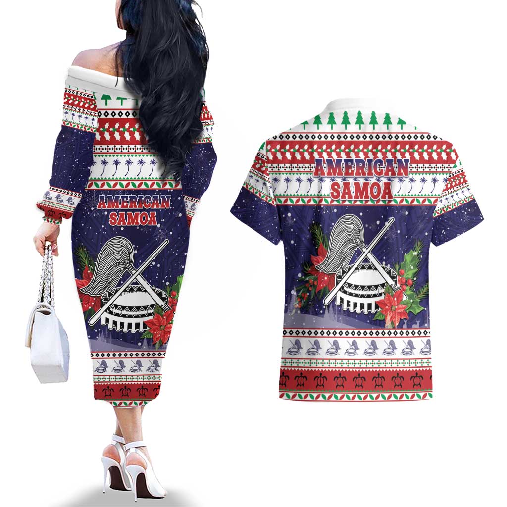 American Samoa Christmas Couples Matching Off The Shoulder Long Sleeve Dress and Hawaiian Shirt Poinsettia La Maunia Le Kilisimasi LT05 - Polynesian Pride