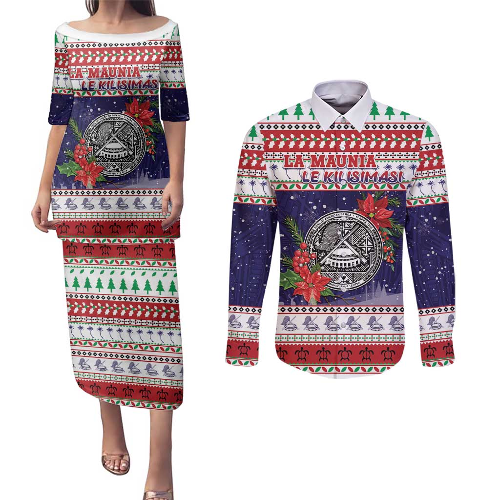 American Samoa Christmas Couples Matching Puletasi and Long Sleeve Button Shirt Poinsettia La Maunia Le Kilisimasi LT05 White - Polynesian Pride