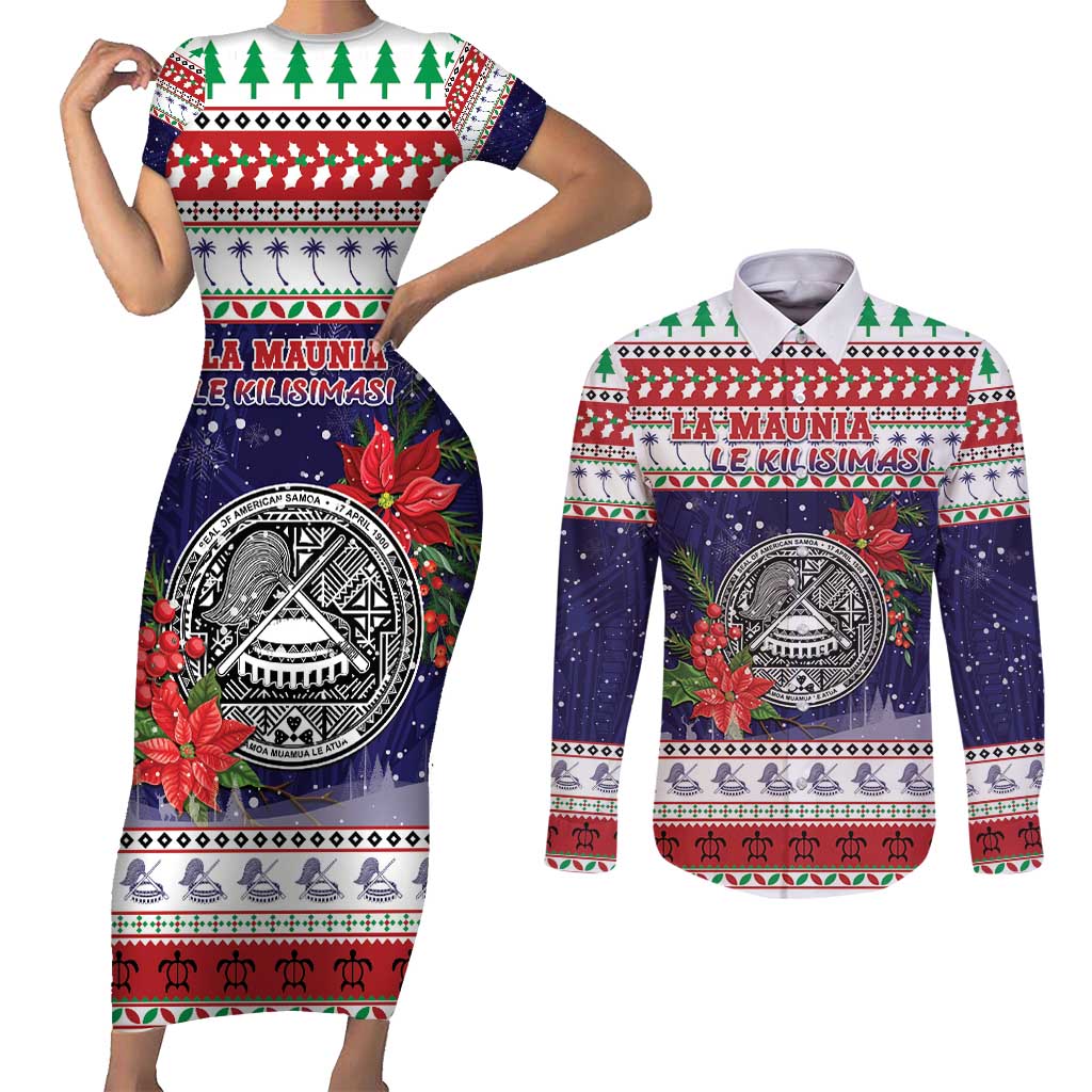 American Samoa Christmas Couples Matching Short Sleeve Bodycon Dress and Long Sleeve Button Shirt Poinsettia La Maunia Le Kilisimasi LT05 White - Polynesian Pride