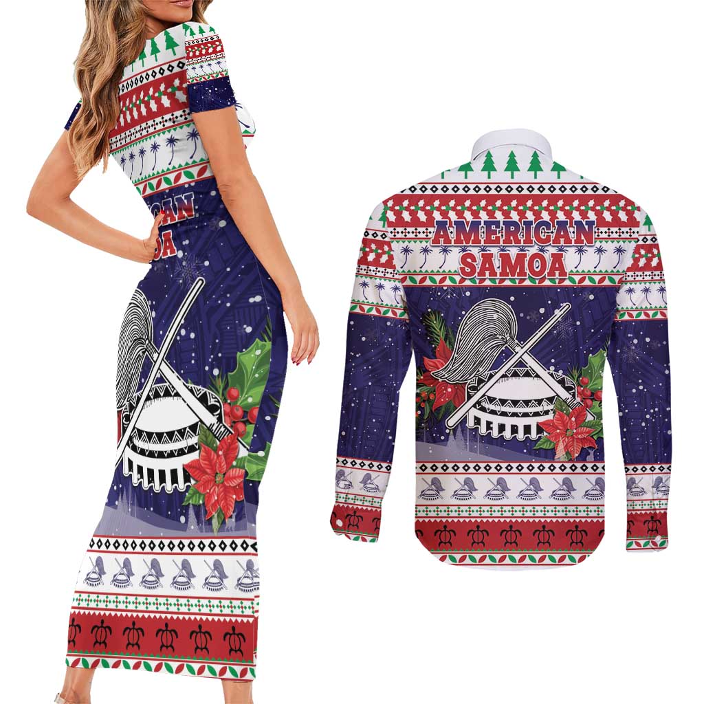 American Samoa Christmas Couples Matching Short Sleeve Bodycon Dress and Long Sleeve Button Shirt Poinsettia La Maunia Le Kilisimasi LT05 - Polynesian Pride