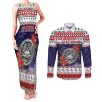 American Samoa Christmas Couples Matching Tank Maxi Dress and Long Sleeve Button Shirt Poinsettia La Maunia Le Kilisimasi LT05 White - Polynesian Pride