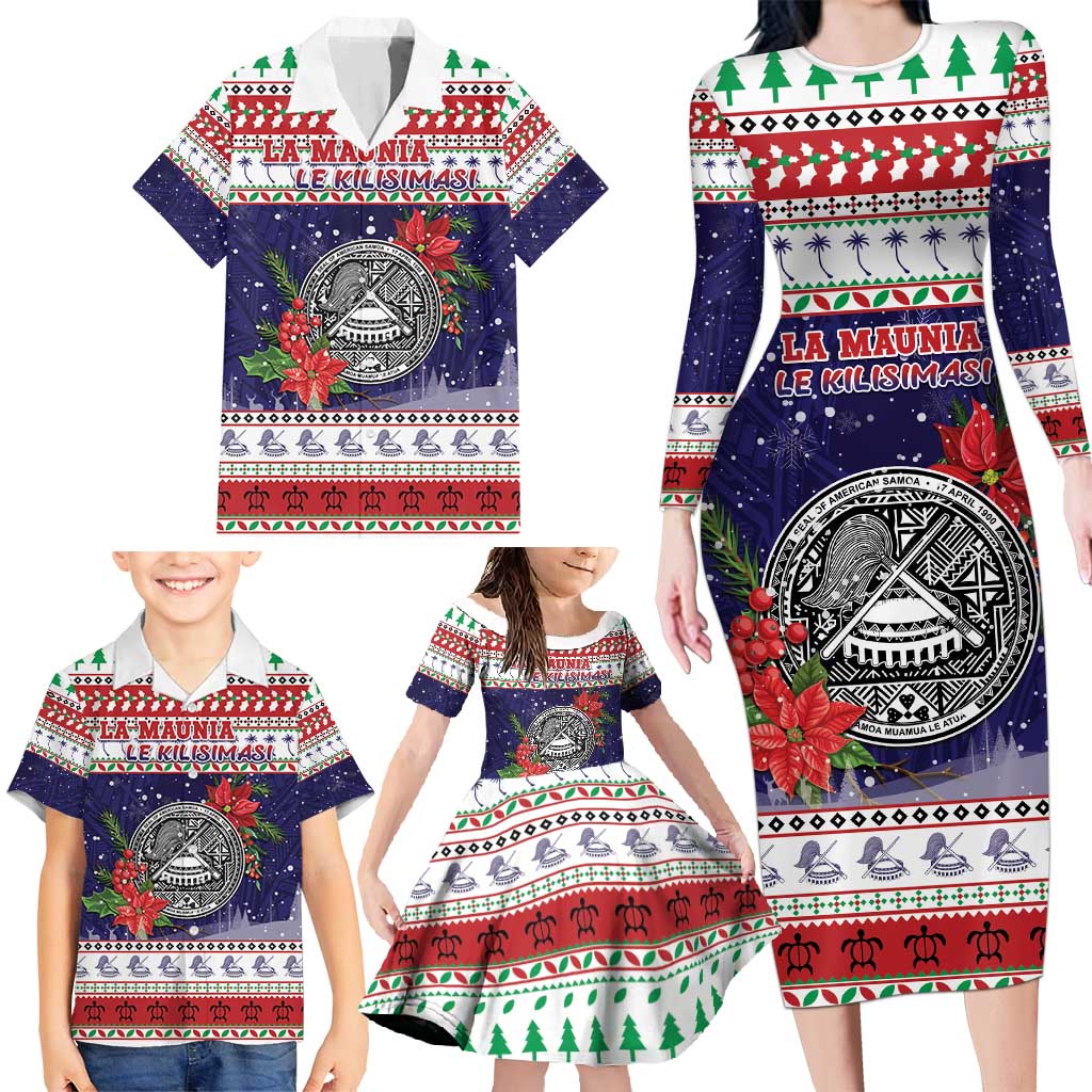 American Samoa Christmas Family Matching Long Sleeve Bodycon Dress and Hawaiian Shirt Poinsettia La Maunia Le Kilisimasi LT05 - Polynesian Pride