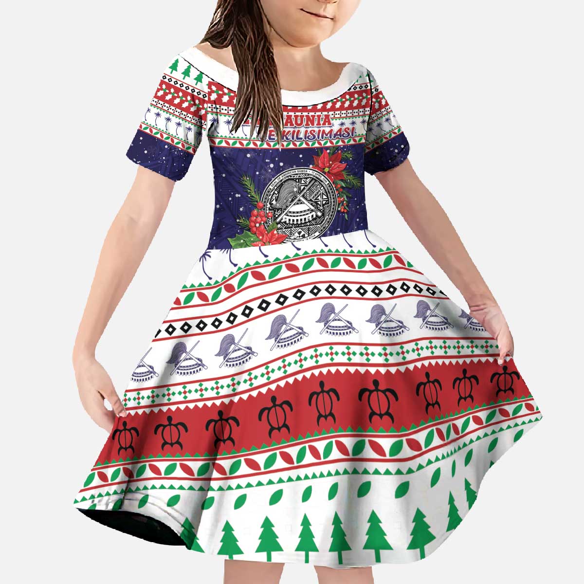 American Samoa Christmas Family Matching Off The Shoulder Long Sleeve Dress and Hawaiian Shirt Poinsettia La Maunia Le Kilisimasi LT05 Daughter's Dress White - Polynesian Pride