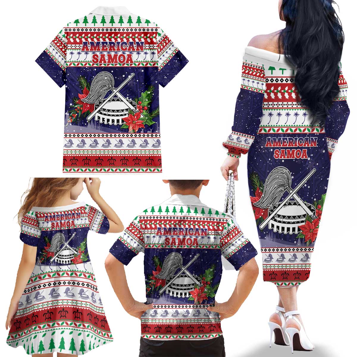 American Samoa Christmas Family Matching Off The Shoulder Long Sleeve Dress and Hawaiian Shirt Poinsettia La Maunia Le Kilisimasi LT05 - Polynesian Pride