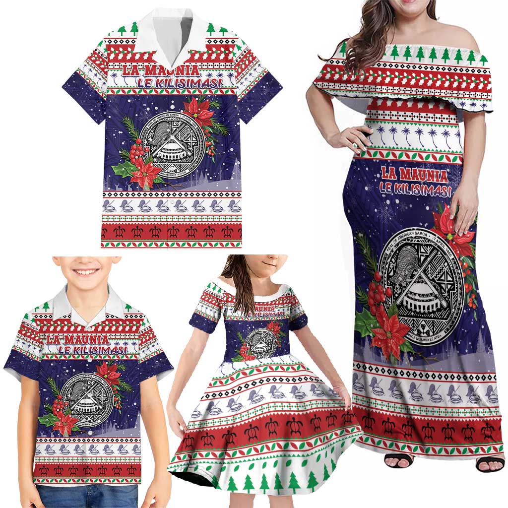 American Samoa Christmas Family Matching Off Shoulder Maxi Dress and Hawaiian Shirt Poinsettia La Maunia Le Kilisimasi LT05 - Polynesian Pride