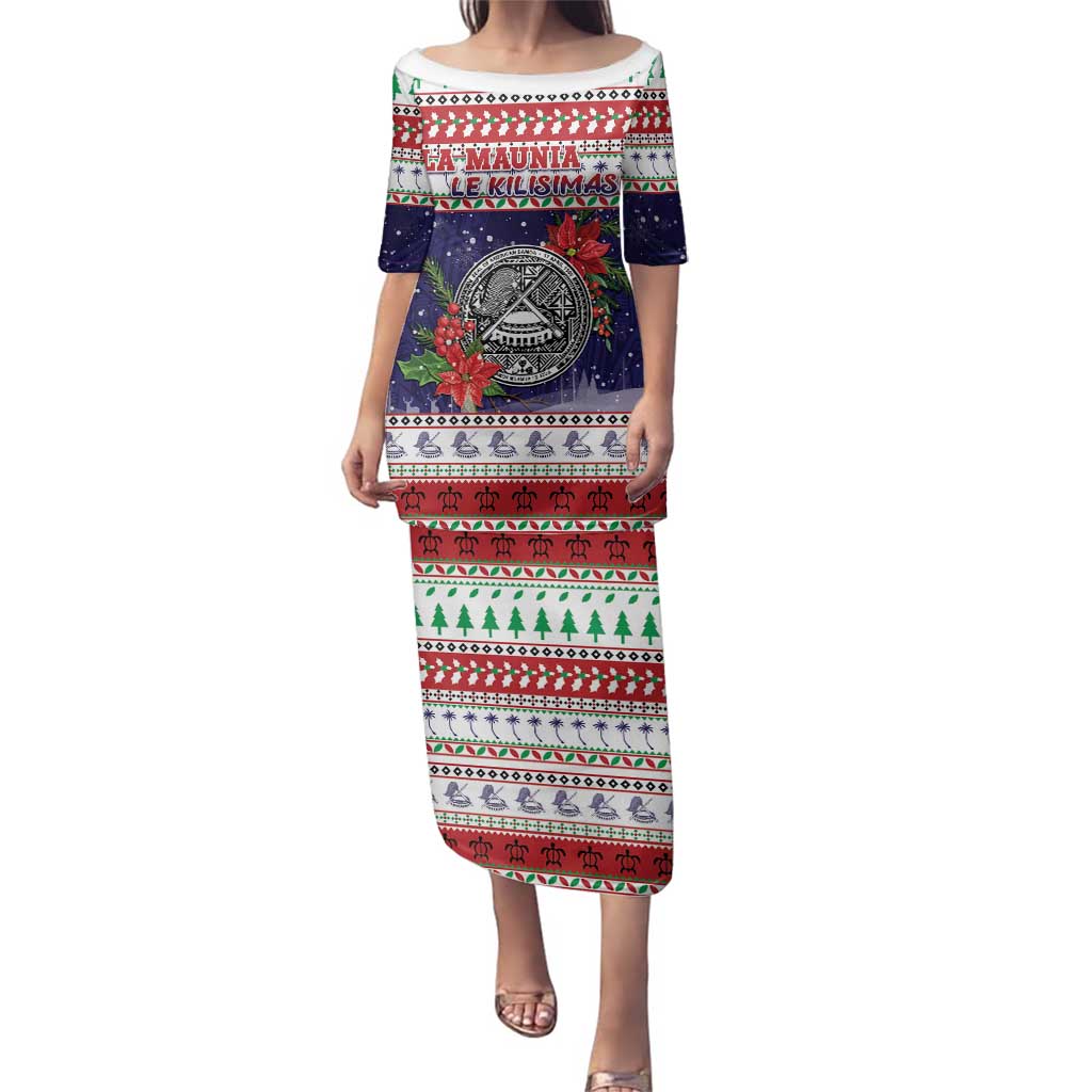 American Samoa Christmas Family Matching Puletasi and Hawaiian Shirt Poinsettia La Maunia Le Kilisimasi LT05 Mom's Dress White - Polynesian Pride