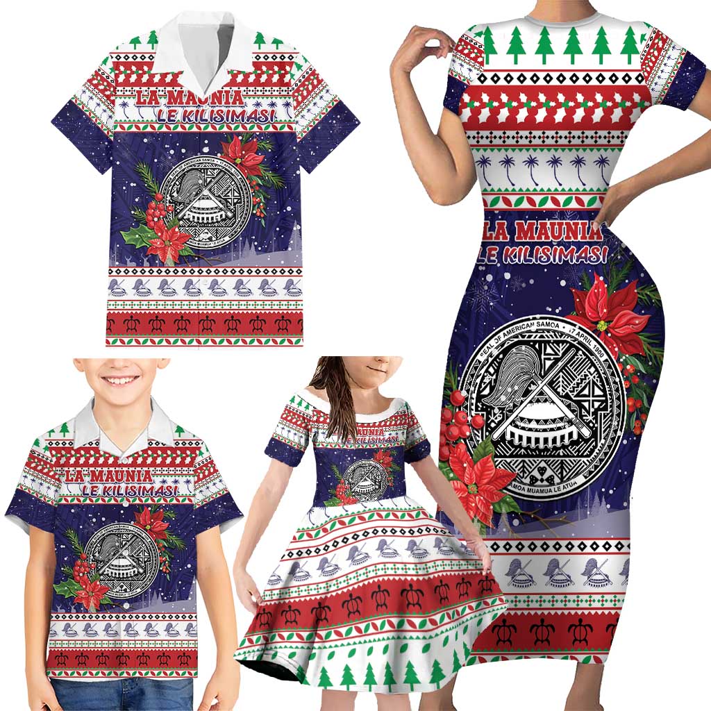 American Samoa Christmas Family Matching Short Sleeve Bodycon Dress and Hawaiian Shirt Poinsettia La Maunia Le Kilisimasi LT05 - Polynesian Pride