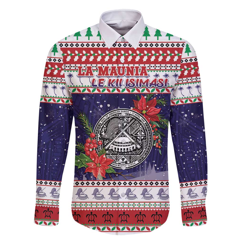 American Samoa Christmas Family Matching Summer Maxi Dress and Hawaiian Shirt Poinsettia La Maunia Le Kilisimasi LT05 Dad's Shirt - Long Sleeve White - Polynesian Pride