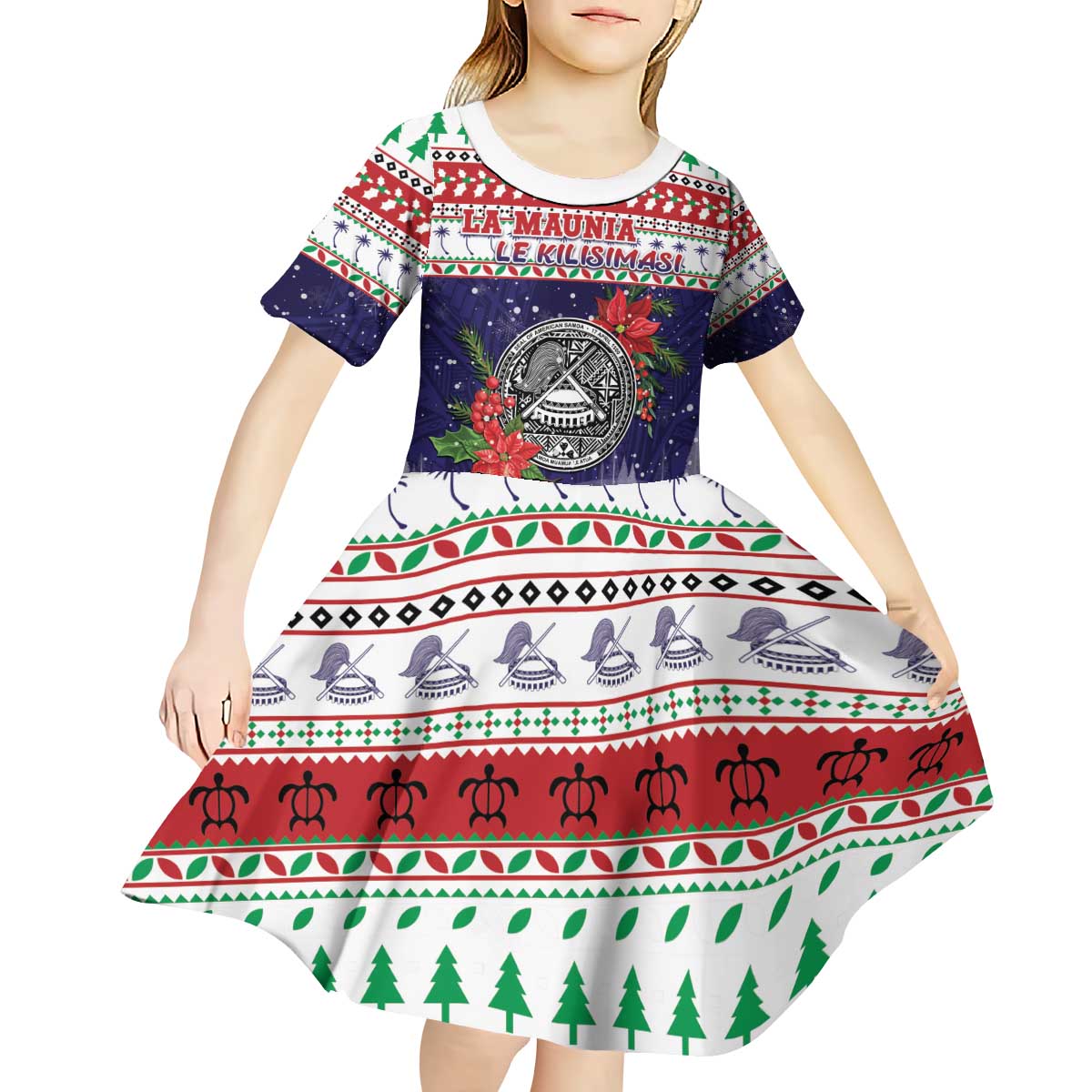 American Samoa Christmas Kid Short Sleeve Dress Poinsettia La Maunia Le Kilisimasi LT05 - Polynesian Pride