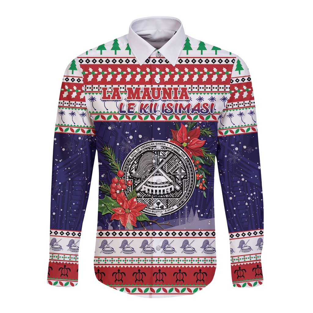 American Samoa Christmas Long Sleeve Button Shirt Poinsettia La Maunia Le Kilisimasi LT05 Unisex White - Polynesian Pride