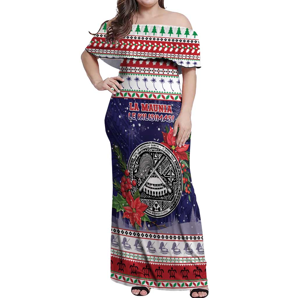 American Samoa Christmas Off Shoulder Maxi Dress Poinsettia La Maunia Le Kilisimasi LT05 Women White - Polynesian Pride