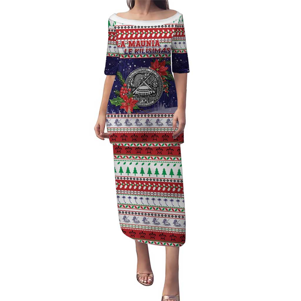 American Samoa Christmas Puletasi Poinsettia La Maunia Le Kilisimasi LT05 Long Dress White - Polynesian Pride