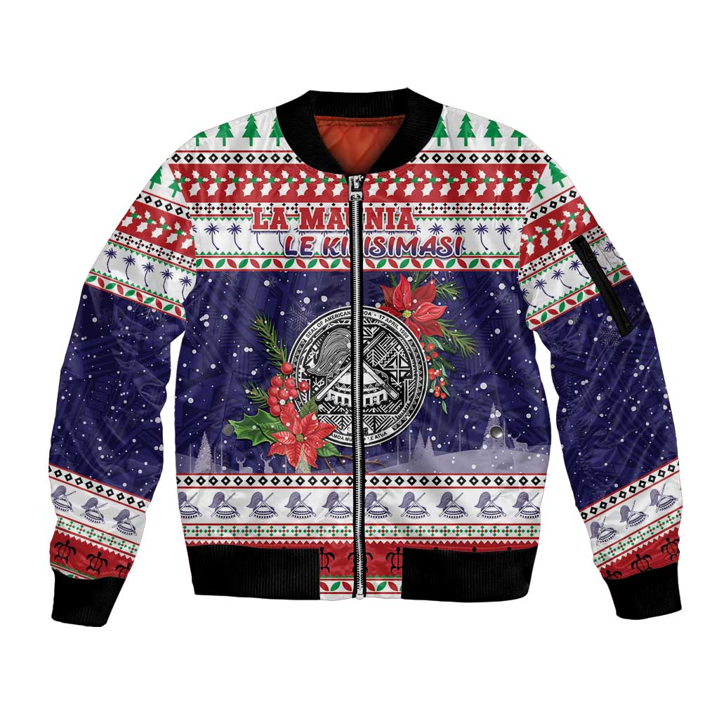 American Samoa Christmas Sleeve Zip Bomber Jacket Poinsettia La Maunia Le Kilisimasi LT05 Unisex White - Polynesian Pride