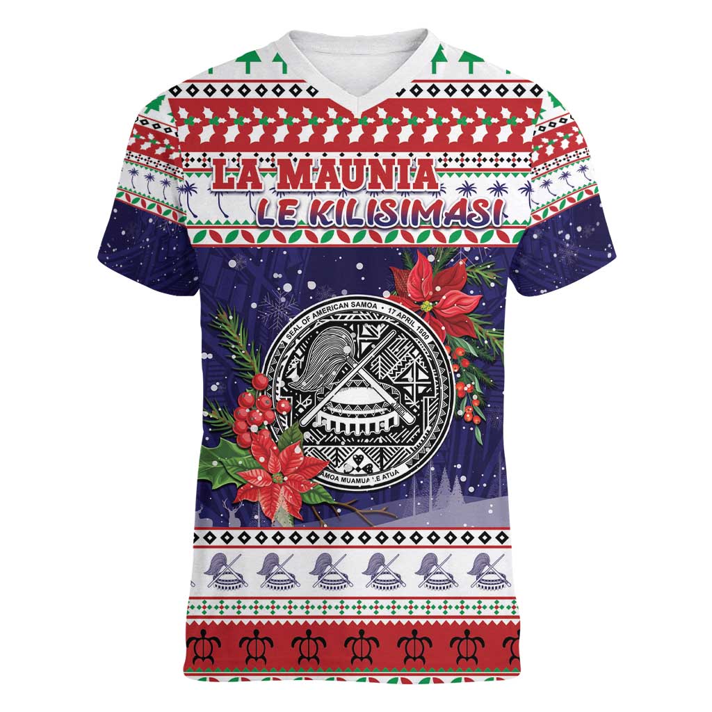 American Samoa Christmas Women V-Neck T-Shirt Poinsettia La Maunia Le Kilisimasi LT05 Female White - Polynesian Pride