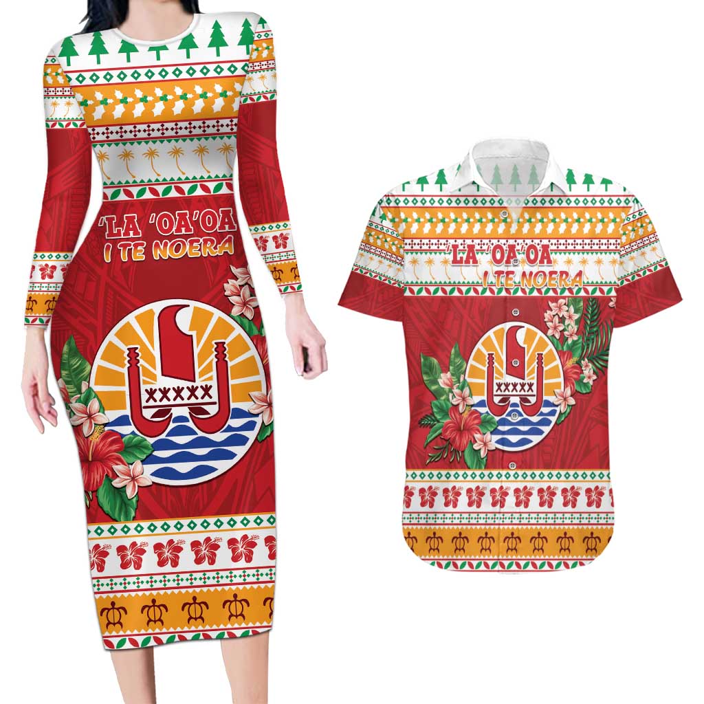 French Polynesia Christmas Couples Matching Long Sleeve Bodycon Dress and Hawaiian Shirt Coat Of Arms Merry Xmas LT05 Red - Polynesian Pride