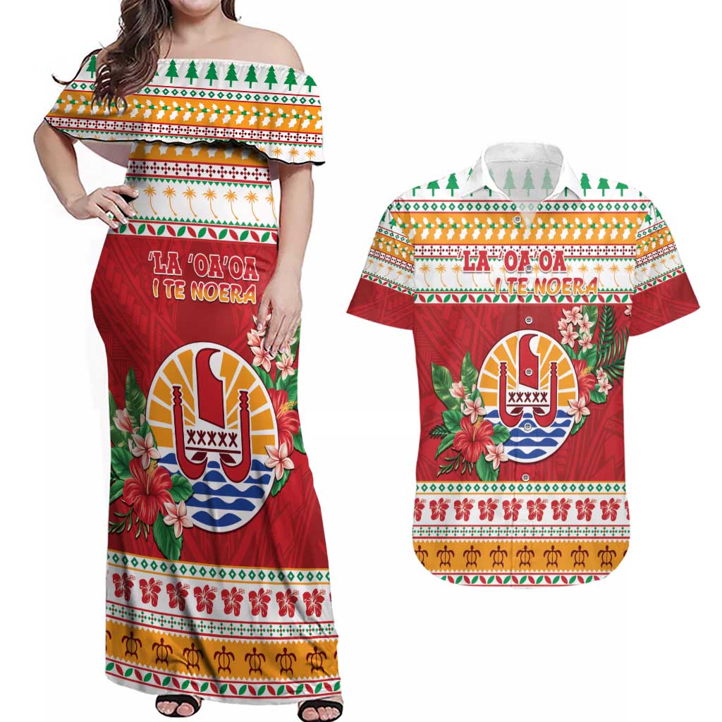 French Polynesia Christmas Couples Matching Off Shoulder Maxi Dress and Hawaiian Shirt Coat Of Arms Merry Xmas LT05 Red - Polynesian Pride