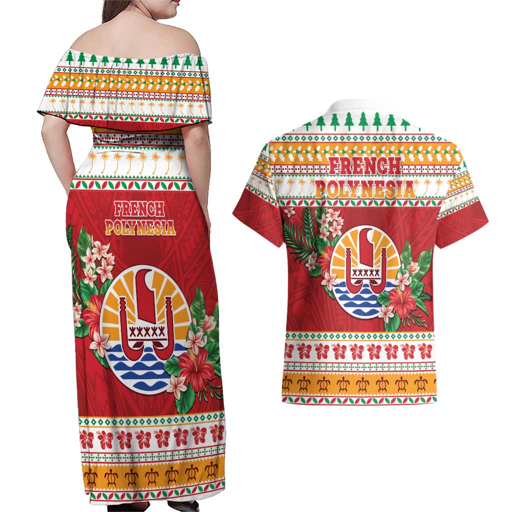 French Polynesia Christmas Couples Matching Off Shoulder Maxi Dress and Hawaiian Shirt Coat Of Arms Merry Xmas LT05 - Polynesian Pride