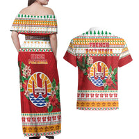 French Polynesia Christmas Couples Matching Off Shoulder Maxi Dress and Hawaiian Shirt Coat Of Arms Merry Xmas LT05 - Polynesian Pride