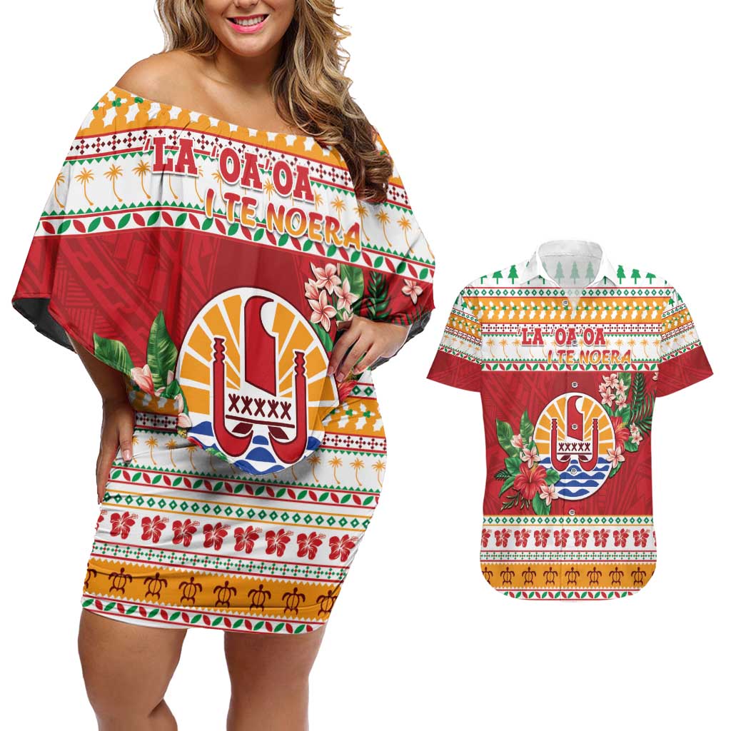 French Polynesia Christmas Couples Matching Off Shoulder Short Dress and Hawaiian Shirt Coat Of Arms Merry Xmas LT05 Red - Polynesian Pride