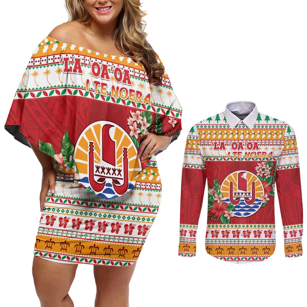 French Polynesia Christmas Couples Matching Off Shoulder Short Dress and Long Sleeve Button Shirt Coat Of Arms Merry Xmas LT05 Red - Polynesian Pride