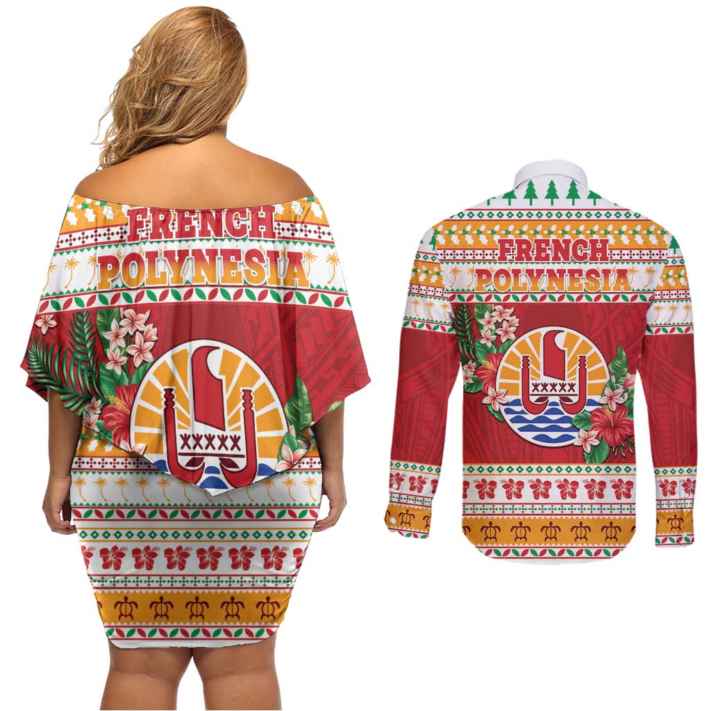 French Polynesia Christmas Couples Matching Off Shoulder Short Dress and Long Sleeve Button Shirt Coat Of Arms Merry Xmas LT05 - Polynesian Pride