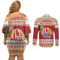 French Polynesia Christmas Couples Matching Off Shoulder Short Dress and Long Sleeve Button Shirt Coat Of Arms Merry Xmas LT05 - Polynesian Pride