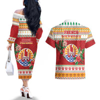 French Polynesia Christmas Couples Matching Off The Shoulder Long Sleeve Dress and Hawaiian Shirt Coat Of Arms Merry Xmas LT05 - Polynesian Pride