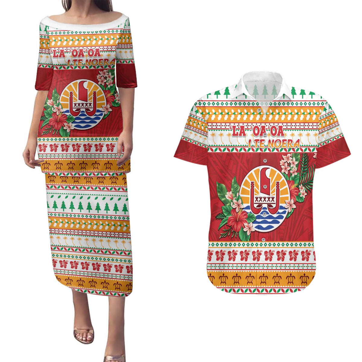 French Polynesia Christmas Couples Matching Puletasi and Hawaiian Shirt Coat Of Arms Merry Xmas LT05 Red - Polynesian Pride