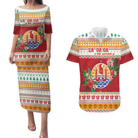 French Polynesia Christmas Couples Matching Puletasi and Hawaiian Shirt Coat Of Arms Merry Xmas LT05 Red - Polynesian Pride