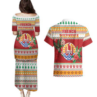 French Polynesia Christmas Couples Matching Puletasi and Hawaiian Shirt Coat Of Arms Merry Xmas LT05 - Polynesian Pride