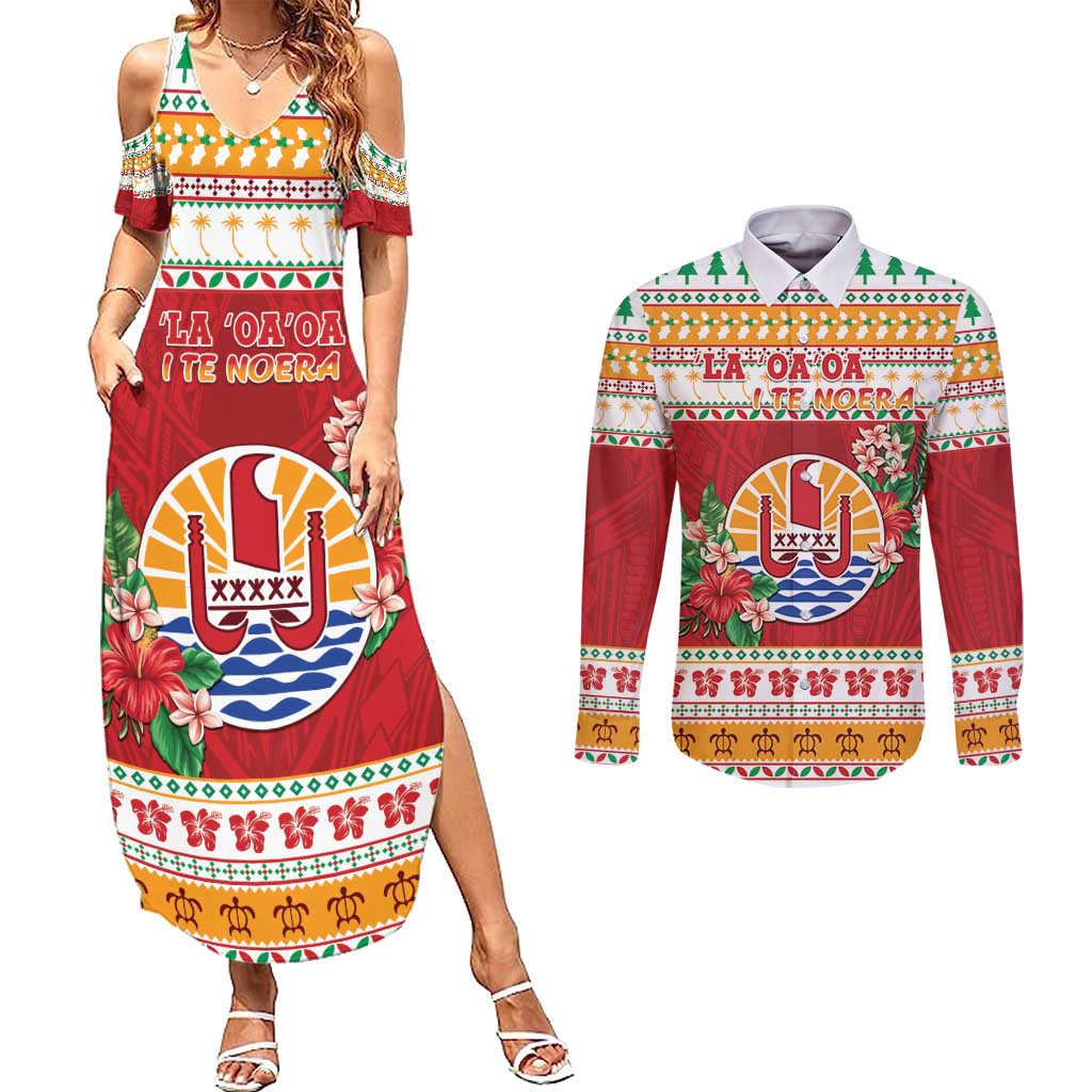 French Polynesia Christmas Couples Matching Summer Maxi Dress and Long Sleeve Button Shirt Coat Of Arms Merry Xmas LT05 Red - Polynesian Pride