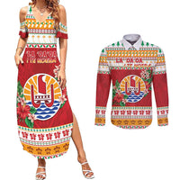 French Polynesia Christmas Couples Matching Summer Maxi Dress and Long Sleeve Button Shirt Coat Of Arms Merry Xmas LT05 Red - Polynesian Pride