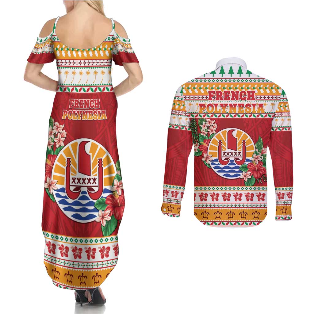 French Polynesia Christmas Couples Matching Summer Maxi Dress and Long Sleeve Button Shirt Coat Of Arms Merry Xmas LT05 - Polynesian Pride